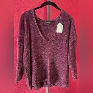 Express Women's V-Neck Plush Sweater in Heather Plum